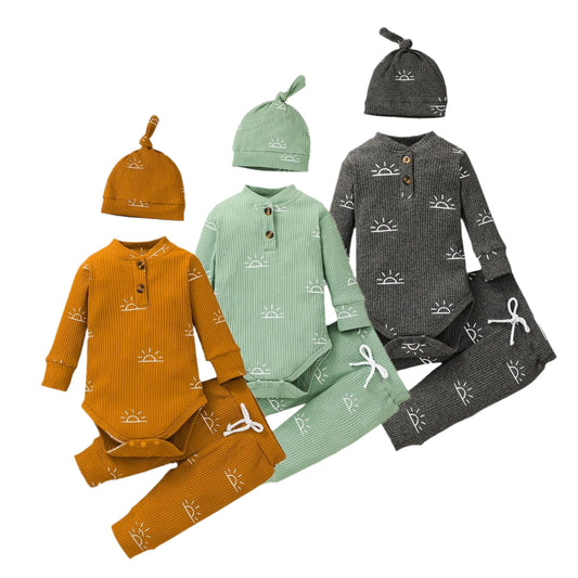 Baby Boy Clothes Set – Knitted V-neck Romper + Pants + Cap