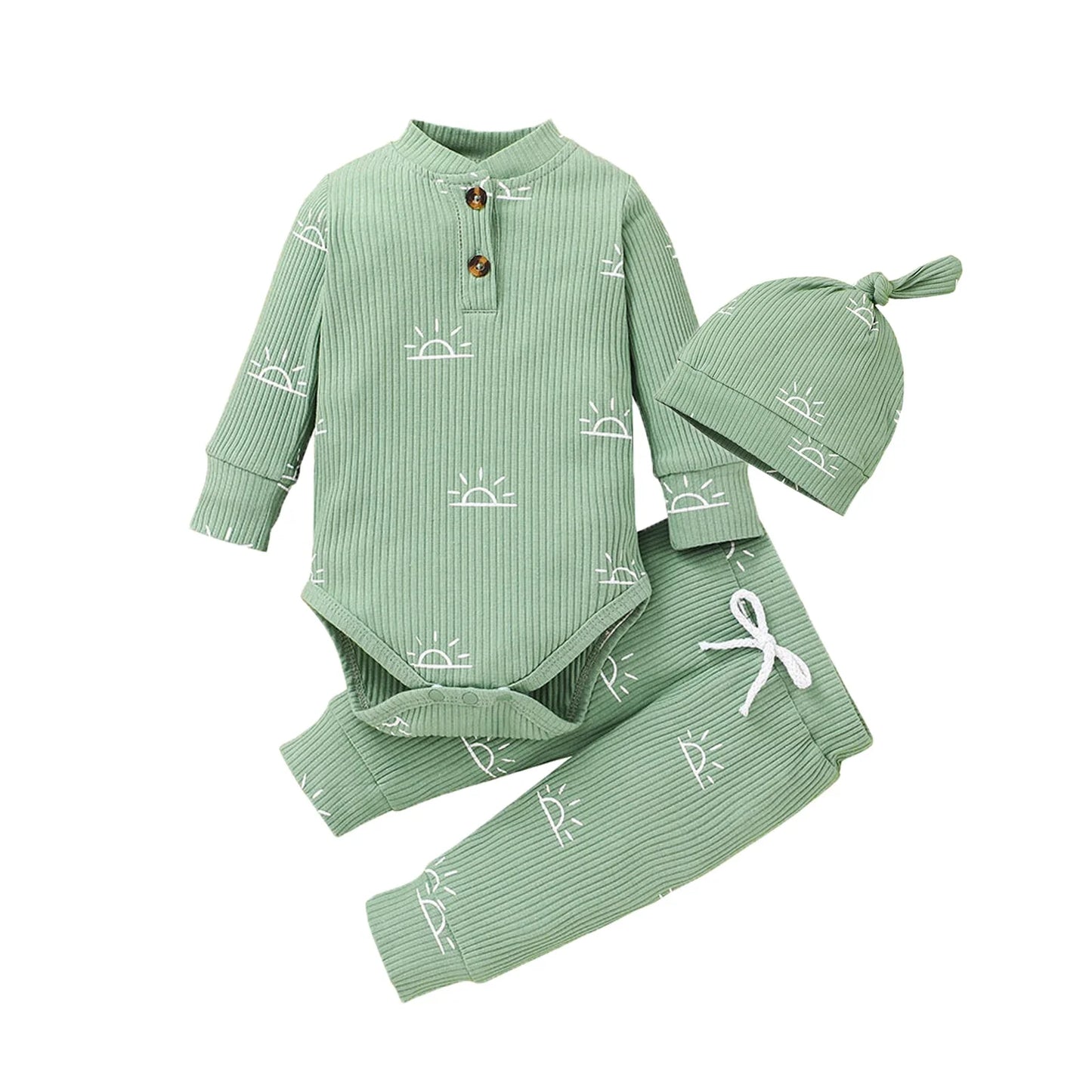 Baby Boy Clothes Set – Knitted V-neck Romper + Pants + Cap