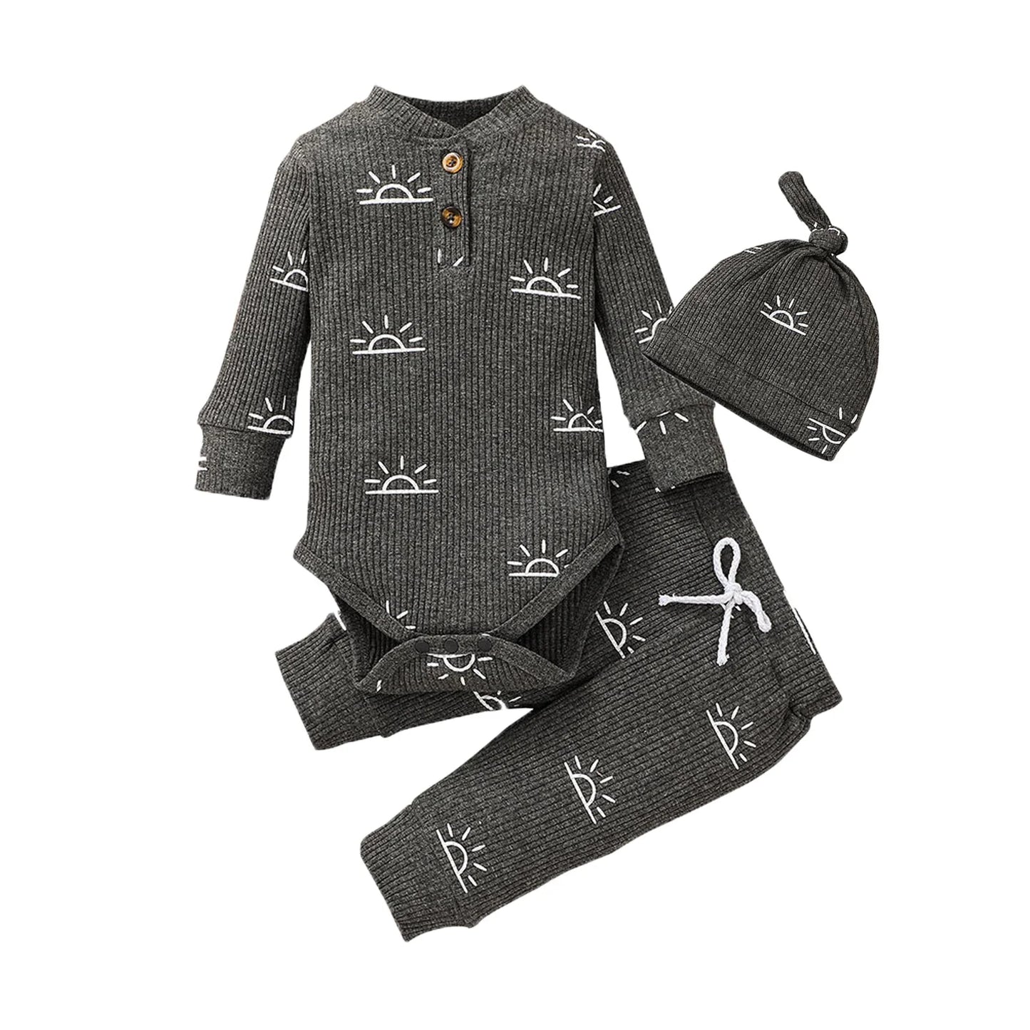 Baby Boy Clothes Set – Knitted V-neck Romper + Pants + Cap
