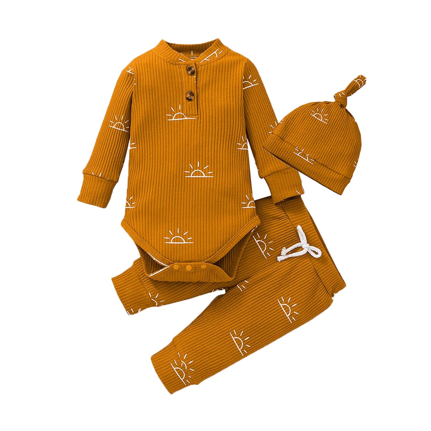 Baby Boy Clothes Set – Knitted V-neck Romper + Pants + Cap