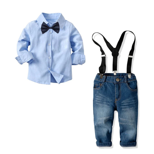 Boy Solid Long Sleeve Shirt with Denim Jeans Set
